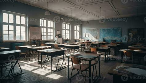 Empty Classroom With Modern Architecture Wooden Desks And Chairs Generated By Ai 25495418 Stock