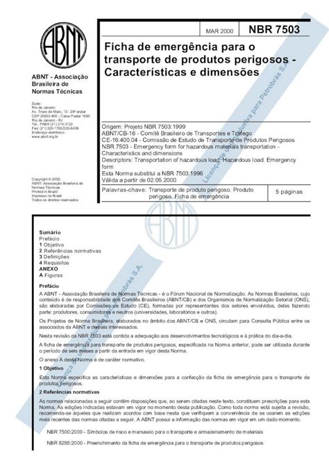 PDF ABNT 7503 Ficha de Emergência Para o Transporte de Produtos