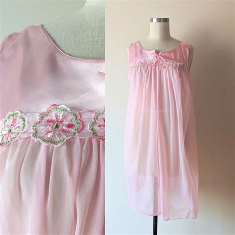 60s Mod Sheer Chiffon Gown Gm2 Pink Chiffon Sheer Nighty Satin Trim