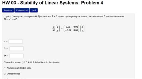 Solved Classify The Critical Point 0 0 Of The Linear 2 Chegg