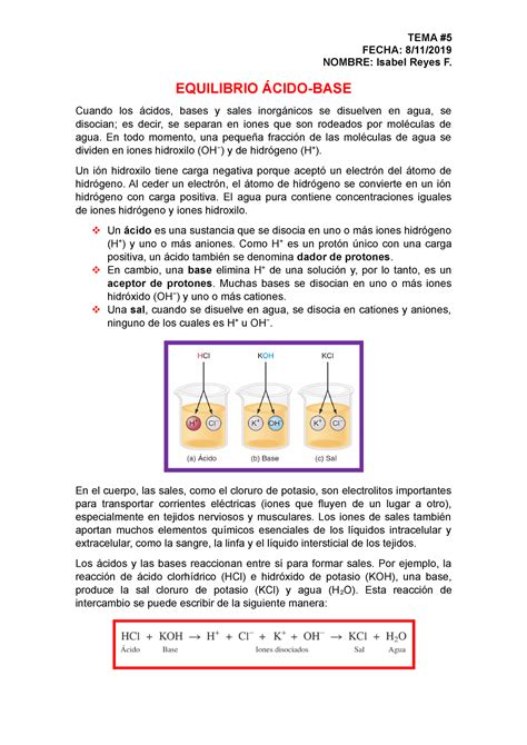 Equilibrio Cido Base Tema Fecha Nombre Isabel Reyes F