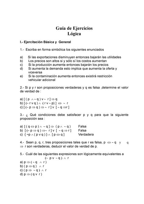 Ejercicios de Logica Proposicional Guía de Ejercicios Lógica I