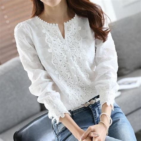 Women Chiffon Blouse Elegant Lace White Work Shirts Long Sleeve Solid