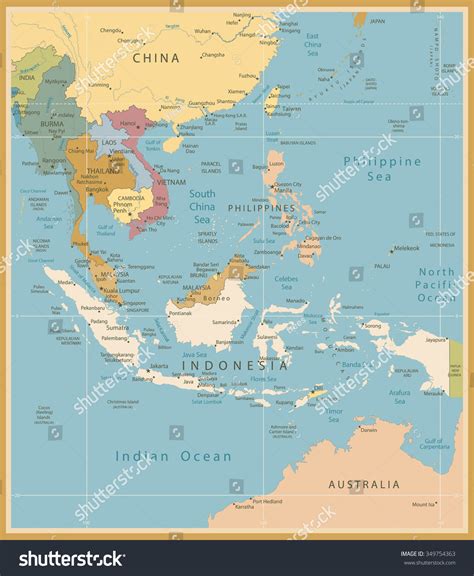 Southeast Asia Map Detailed Vintage Colors Stock Vector Royalty Free