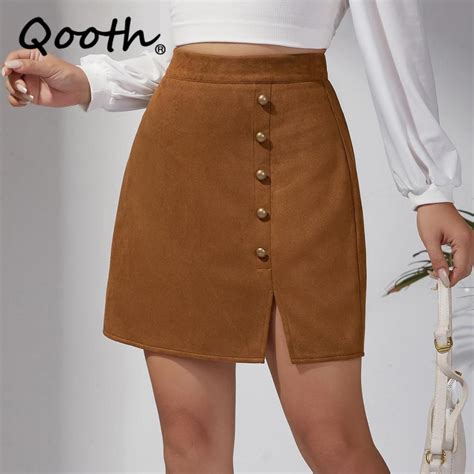 Cheap Qooth Women Solid Color Suede Velvet Short Pencil Skirt Sexy High