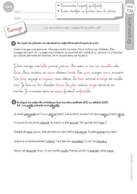 Exercice Adjectif De Couleur Cm1 Pluriel Des Noms Et Des Adjectifs Leçon Cm1 Orthographe