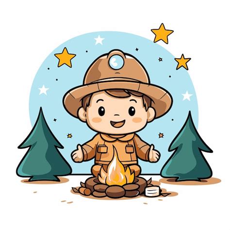 Premium Vector | Cute boy scout with campfire and bonfire Vector ...