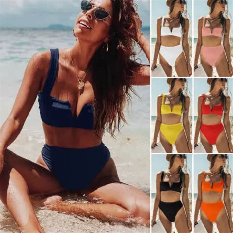 Mulheres Cintura Alta Bikini Set Push Up Acolchoado Swimsuit Maiô natação Swimsuit S L