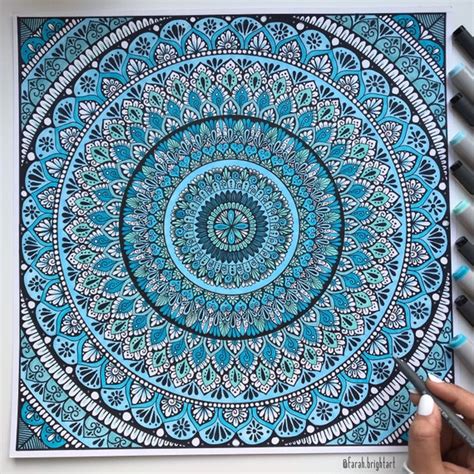 Blue shads mandala drawing hand drawing not framed wall | Etsy