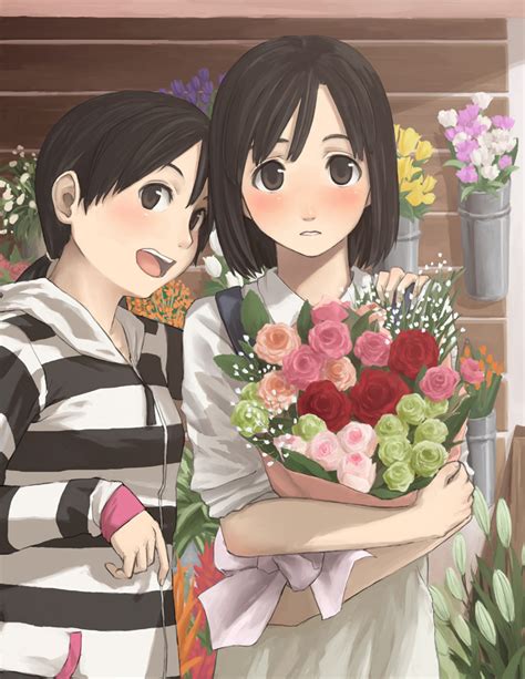 Safebooru Black Hair Blush Bouquet Bouquets Brown Eyes Brown Hair