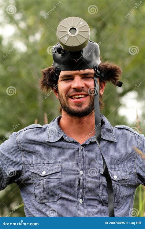 Goofy Young Man With A Gas Mask Stock Image Image Of Beard Craziness