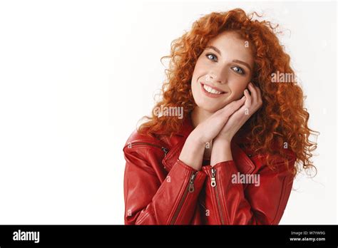 Close Up Tender Feminine Redhead Stylish European Woman Tilt Head Lean