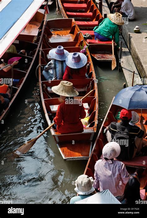 Thailand, Bangkok, wooden Thai boats at the Floating Market Stock Photo ...