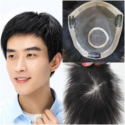 Men Topper Soft Base Toupee Human Hair Topper Natural Hairline Wigs With Clips Skin Poly Men