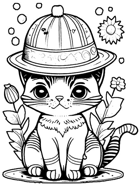 Cute Cat Wearing Hat Coloring Page · Creative Fabrica