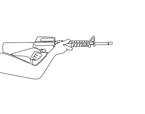 Single one line drawing hand holding automatic machine M-16. Tactical ...