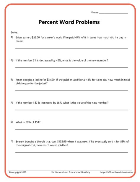 Percent Word Problems Worksheets K12 Math Worksheets