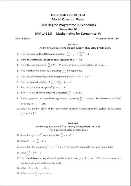 Kerala University Mathematics Mathematics For Economics 2017 Question