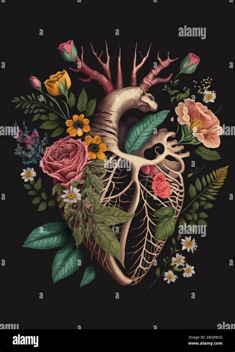 Anatomical Illustration Of A Heart With Flowers Stock Photo Alamy