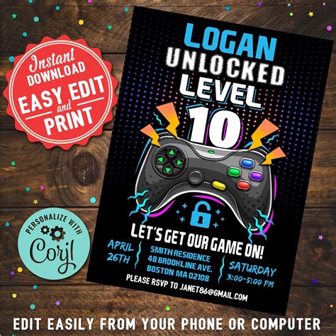 Gaming Game On Game Party Invite Instant Download Template Digital