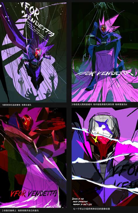 Four Different Images Of An Animated Character In Purple And Black