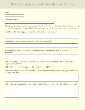 Fillable Online Provider Inquiry Customer Service Survey Kymmiscom