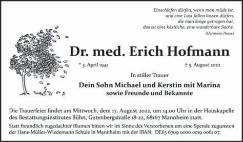 Traueranzeigen Von Erich Hofmann Trauerportal Ihrer Tageszeitung