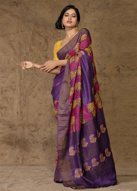 Get Light Violet Pure Tussar Silk Kantha Embroidered Saree At ₹ 7590