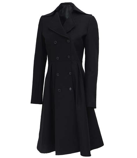 Women Black Double Breasted Wool Coat Premium Wool Blend