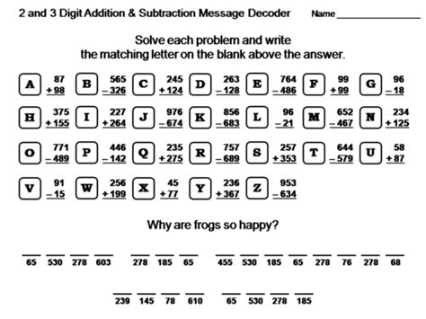 2 And 3 Digit Addition And Subtraction Activity Math Message Decoder