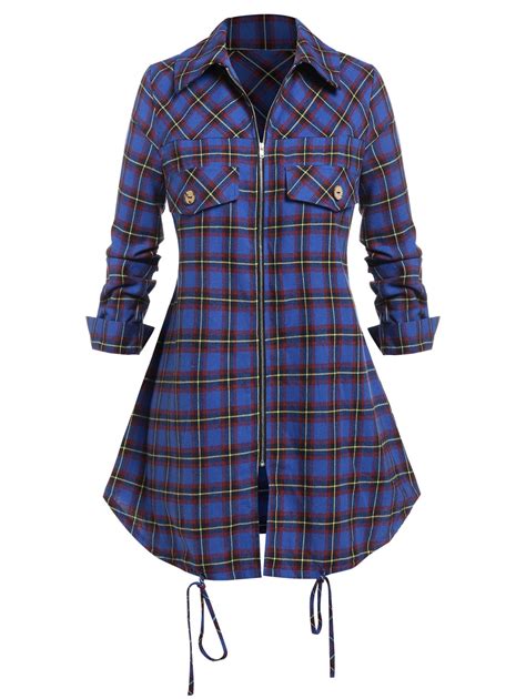 Rosegal Women S Plus Size Plaid Front Zip Shirt Walmart