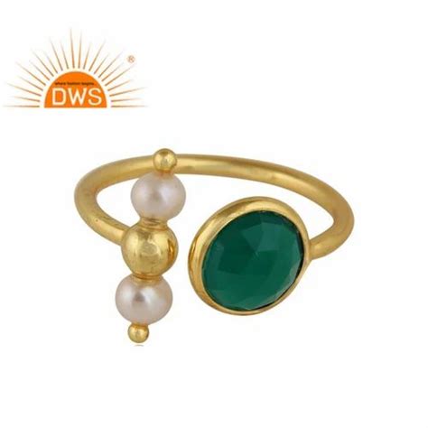 925 Sterling Silver 18k Gold Plated Natural Pearl Green Onyx Gemstone