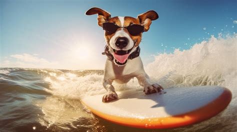 Premium AI Image | Funny dog surfing on a surfboard in the sea Jack ...