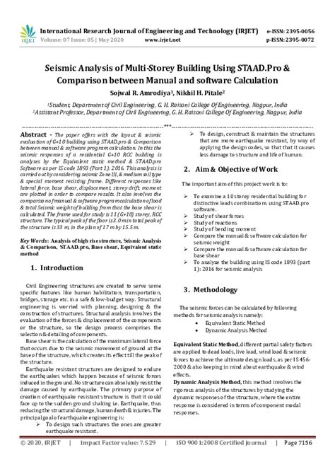 Pdf Irjet Seismic Analysis Of Multi Storey Building Using Staad Pro And Comparison Between