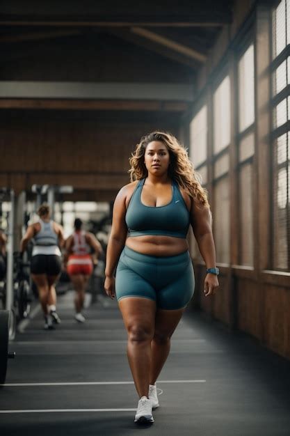 Premium Ai Image A Woman Walks Through A Gym With A Large Bodysuit On