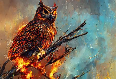 Fantasy Painting Of A Owl In The Fire Stock Illustration Illustration