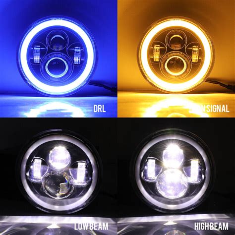 Pair Round Led Headlights Hi Lo Beam Blue Drl Halo For Chevy Truck