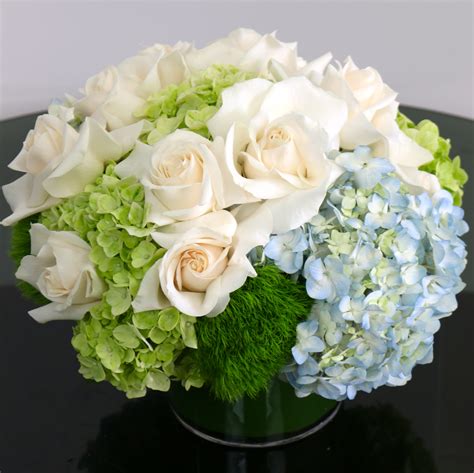 White Roses and Blue Hydrangeas in Jersey City, NJ | Bouquets & Baskets