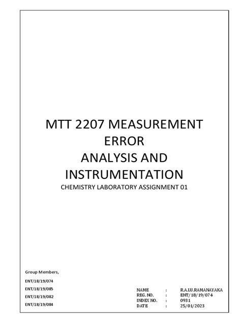 Mtt 2207 Measurement Error Analysis And Instrumentation Chemistry Laboratory Assignment 01