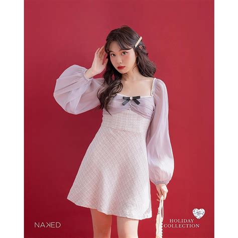 Váy dài tay dạ tweed phối voan óng vân ghi Naked by V Gracie Dress Shopee Việt Nam