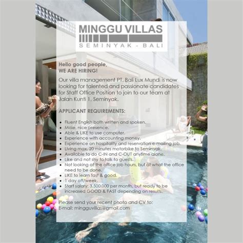 Lowongan Minggu Viilas Seminyak Lowongan Hotel Bali Loker Hotel