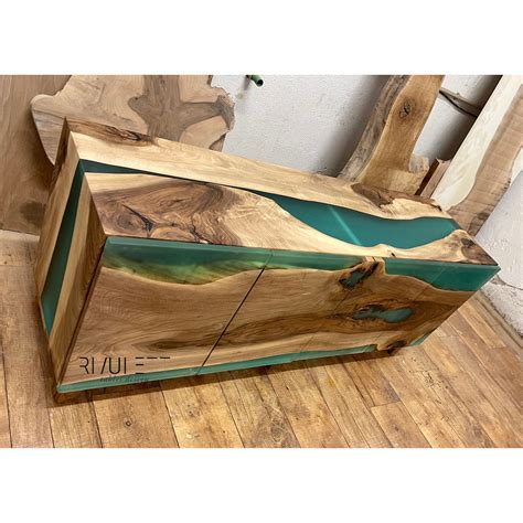 Waterfall Walnut Wood and Turquoise Epoxy Resin Credenza | TV Media