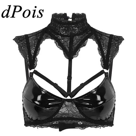 Sexy Men Bra Top Mens Lingerie Sissy Bralette Bowknot Black Faux Leather Latex Lace Bras Fetish