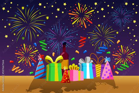 New Year Fireworks Banner Celebration Presents Vector Illustration Stock Vector | Adobe Stock