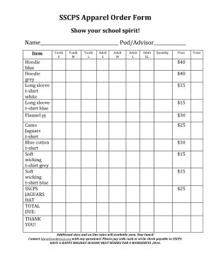 Fillable Online Files Sscps SSCPS Apparel Order Form Show Your School