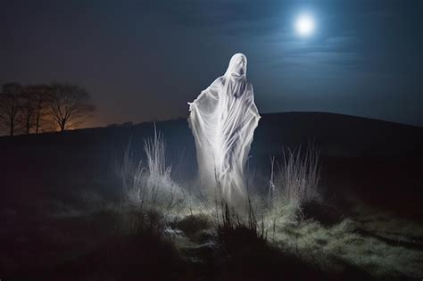 Premium AI Image | A person in a white ghost costume stands in a field ...