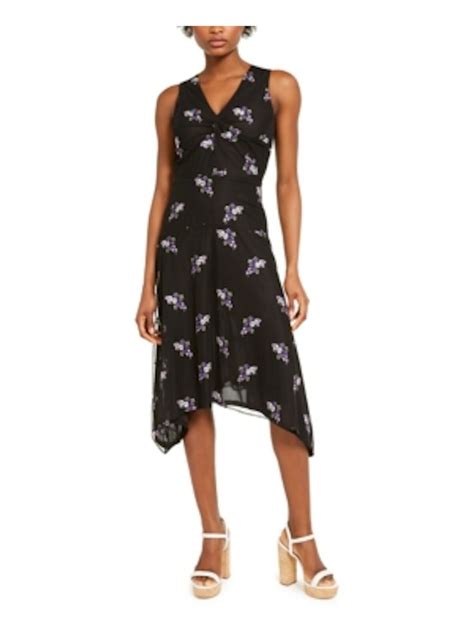 Michael Kors Womens Black Sheer Floral Sleeveless V Neck Above The Knee Fit Flare Dress S