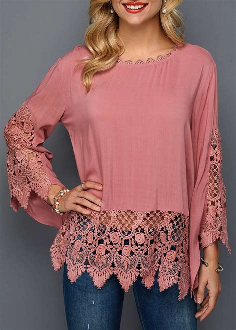 Dusty Pink Long Sleeve Lace Trim Blouse Usd 27 94