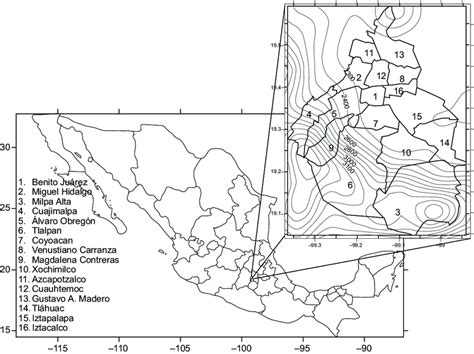 Orography of the Mexico City basin and Mexico City boroughs (altitude ...