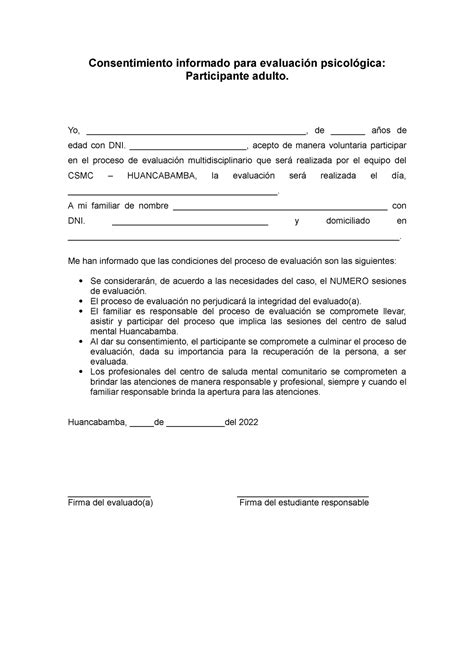 Consentimiento informado para evaluación psicológica Consentimiento